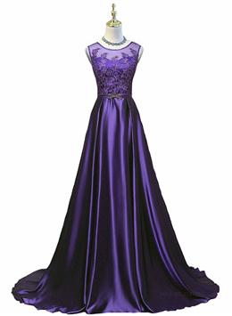 Picture of Pretty Purple Long Round Neckline Formal Dresses, Satin Wedding Party Dresses